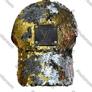 MY BASICS GOLD SILVER SEQUI HAT WITH LV ON LEATHER BLACK MESH